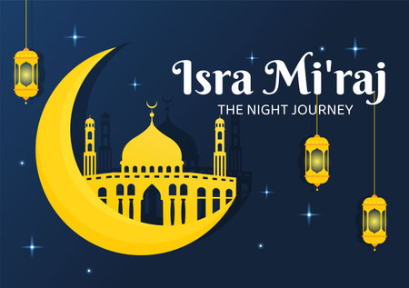 Happy Isra Miraj Nabi Muhammad SAW Template Hand Drawn Cartoon Flat Illustration Suitable for Greeting Card, Poster and Bannerのイラスト素材