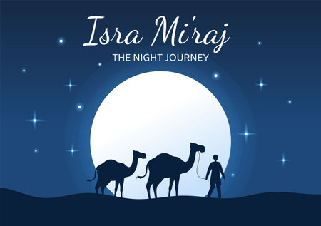 Happy Isra Miraj Nabi Muhammad SAW Template Hand Drawn Cartoon Flat Illustration Suitable for Greeting Card, Poster and Bannerのイラスト素材