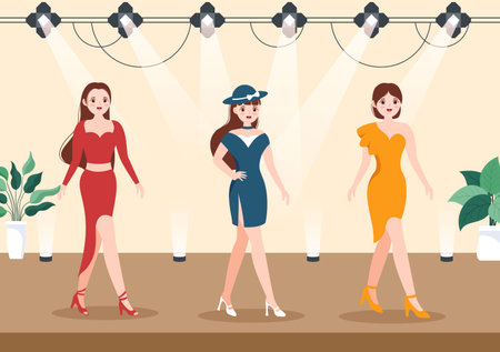 Professional Model Template Hand Drawn Cartoon Flat Illustration with Beautiful Women Models Walking on Podium in Fashion Week Eventのイラスト素材