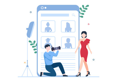 Model Portfolio Template Hand Drawn Cartoon Flat Illustration with Modeling Agency Manager and...