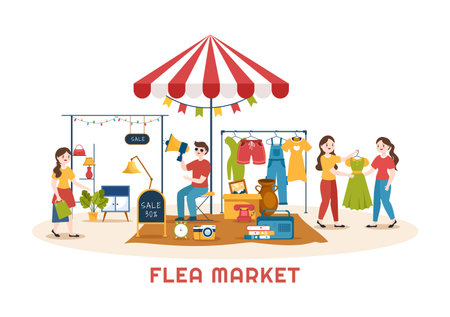 Flea Market Template Hand Drawn Cartoon Flat Illustration Second Hand Shop with Shoppers, Swap Meet, Sellers and Customers at Weekendのイラスト素材