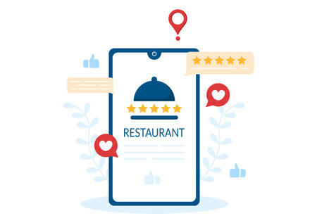 Restaurant Rating Review Template Hand Drawn Cartoon Flat Illustration with Customer Feedback, Rate Star, Expert Opinion and Online Surveyのイラスト素材