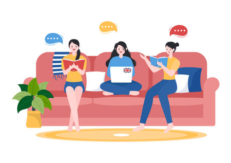 Language School Template Hand Drawn Cartoon Flat Illustration of Online Learning, Courses, Training Program and Study Foreign Languages Abroadのイラスト素材