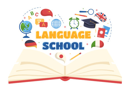 Language School Template Hand Drawn Cartoon Flat Illustration of Online Learning, Courses, Training Program and Study Foreign Languages Abroadのイラスト素材