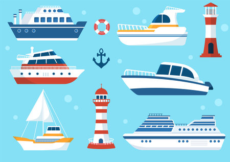Yachts Template Hand Drawn Cartoon Flat Illustration with People Dancing, Sunbathing, Drinking Cocktails and Relaxing on Cruise Yacht at Oceanのイラスト素材