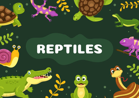 Set of Animal Reptile Template Hand Drawn Cartoon Flat Illustration with Various Types of Reptiles Animals Conceptのイラスト素材