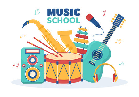 Music School Template In Hand Drawn Cartoon Flat Illustration Playing Various Musical Instruments, Learning Education Musicians and Singersのイラスト素材