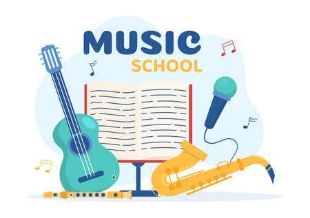 Music School Template In Hand Drawn Cartoon Flat Illustration Playing Various Musical Instruments, Learning Education Musicians and Singersのイラスト素材