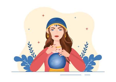 Fortune Teller Template Hand Drawn Cartoon Flat Illustration with Crystal Ball, Magic Book or Cards for Predicts Fate and Telling the Future Conceptのイラスト素材
