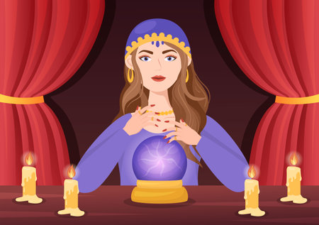 Fortune Teller Template Hand Drawn Cartoon Flat Illustration with Crystal Ball, Magic Book or Cards for Predicts Fate and Telling the Future Conceptのイラスト素材