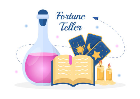 Fortune Teller Template Hand Drawn Cartoon Flat Illustration with Crystal Ball, Magic Book or Cards for Predicts Fate and Telling the Future Conceptのイラスト素材