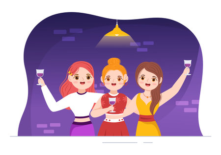 Wine Party Template Hand Drawn Cartoon Flat Illustration with People Dance, Holding a Bottle of Champagne and Drinking in Festive Event Conceptのイラスト素材