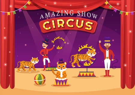 Circus Template Hand Drawn Cartoon Flat Illustration with Show of Gymnast, Magician, Animal Lion, Host, Entertainer, Clowns and Amusement Parkのイラスト素材