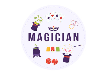 Magician Illusionist Conjuring Tricks and Waving a Magic Wand above his Mysterious Hat on a Stage in Template Hand Drawn Cartoon Flat Illustrationのイラスト素材