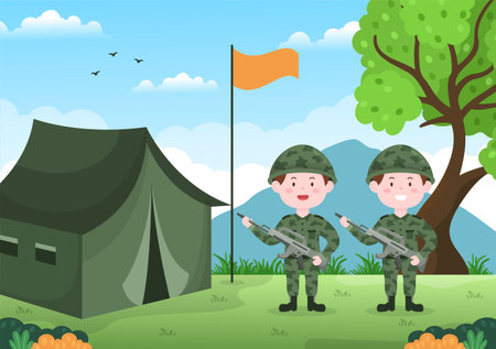Military Army Force Template Hand Drawn Cute Cartoon Flat Illustration with Soldier, Weapon, Tank or Protective Heavy Equipmentのイラスト素材