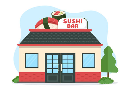 Sushi Bar Japan Asian Food or Restaurant of Sashimi and Rolls for Eating with Soy Sauce and Wasabi in Template Hand Drawn Cartoon Flat Illustrationのイラスト素材
