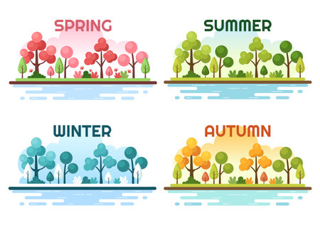 Scenery of the Four Seasons of Nature with Landscape Spring, Summer, Autumn and Winter in Template Hand Drawn Cartoon Flat Style Illustrationのイラスト素材
