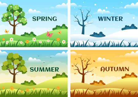 Scenery of the Four Seasons of Nature with Landscape Spring, Summer, Autumn and Winter in Template Hand Drawn Cartoon Flat Style Illustrationのイラスト素材
