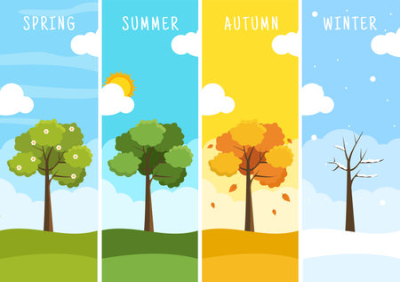 Scenery of the Four Seasons of Nature with Landscape Spring, Summer, Autumn and Winter in Template Hand Drawn Cartoon Flat Style Illustrationのイラスト素材