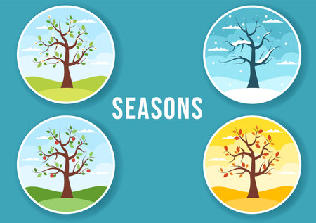 Scenery of the Four Seasons of Nature with Landscape Spring, Summer, Autumn and Winter in Template Hand Drawn Cartoon Flat Style Illustrationのイラスト素材