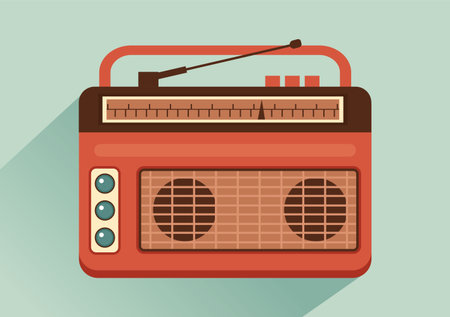 Retro Radio Player Style for Record, Old Receiver, Interviews Celebrity and Listening to Music in Template Hand Drawn Cartoon Flat Illustrationのイラスト素材