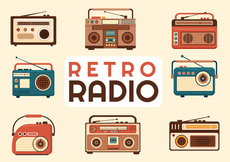 Retro Radio Player Style for Record, Old Receiver, Interviews Celebrity and Listening to Music in Template Hand Drawn Cartoon Flat Illustrationのイラスト素材