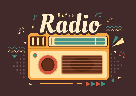 Retro Radio Player Style for Record, Old Receiver, Interviews Celebrity and Listening to Music in Template Hand Drawn Cartoon Flat Illustrationのイラスト素材