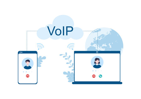 VOIP or Voice Over Internet Protocol with Telephony Scheme Technology and Network Phone Call Software in Template Hand Drawn Cartoon Flat Illustrationのイラスト素材