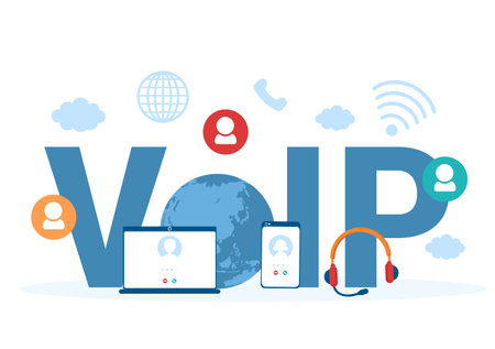 VOIP or Voice Over Internet Protocol with Telephony Scheme Technology and Network Phone Call Software in Template Hand Drawn Cartoon Flat Illustrationのイラスト素材