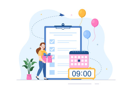 Event Planner Template Hand Drawn Cartoon Flat Illustration with Planning Schedule, Time Management, Business Agenda and Calendar Conceptのイラスト素材