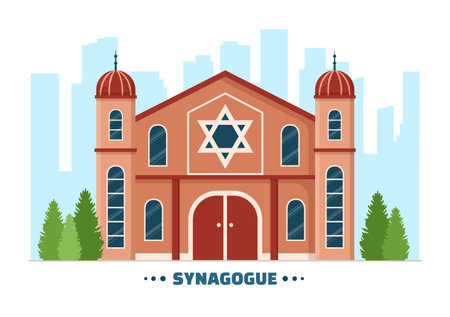 Synagogue Building or Jewish Temple with Religious, Hebrew or Judaism and Jew Worship Place in Template Hand Drawn Cartoon Flat Illustrationのイラスト素材