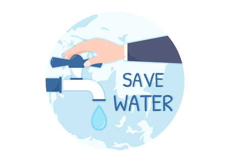 Water Saving Templates Hand Drawn Flat Cartoon Illustration for Mineral Savings Campaign with Faucet and Earth Conceptのイラスト素材