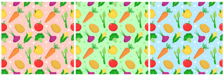 Set of Vegetarian, Fruit or Vegetables Seamless Pattern Design with Fresh, Organic and Natural Food in Hand Drawn Flat Cartoon Background Illustrationのイラスト素材