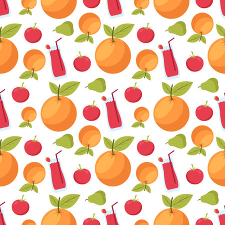 Vegetarian, Fruit and Vegetables Seamless Pattern Design with Fresh, Organic and Natural Food in Hand Drawn Flat Cartoon Background Illustrationのイラスト素材