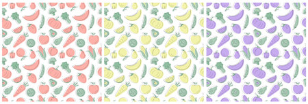 Set of Vegetarian, Fruit or Vegetables Seamless Pattern Design with Fresh, Organic and Natural Food in Hand Drawn Flat Cartoon Background Illustrationのイラスト素材