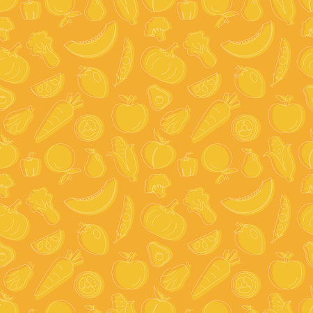 Vegetarian, Fruit and Vegetables Seamless Pattern Design with Fresh, Organic and Natural Food in Hand Drawn Flat Cartoon Background Illustrationのイラスト素材