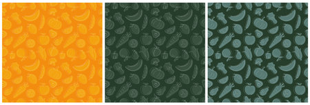 Set of Vegetarian, Fruit or Vegetables Seamless Pattern Design with Fresh, Organic and Natural Food in Hand Drawn Flat Cartoon Background Illustrationのイラスト素材