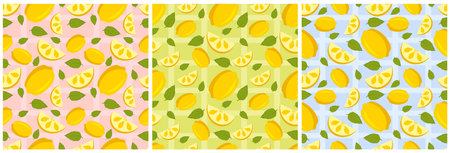 Set of Vegetarian, Fruit or Vegetables Seamless Pattern Design with Fresh, Organic and Natural Food in Hand Drawn Flat Cartoon Background Illustrationのイラスト素材