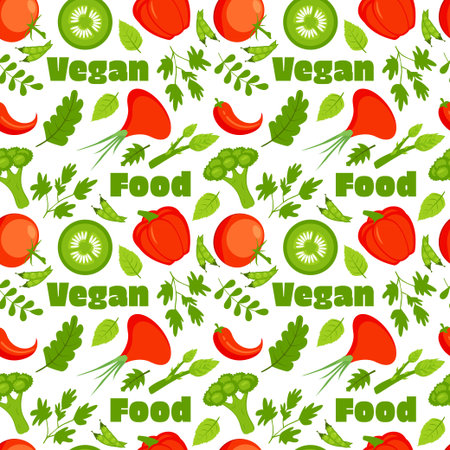 Vegetarian, Fruit and Vegetables Seamless Pattern Design with Fresh, Organic and Natural Food in Hand Drawn Flat Cartoon Background Illustrationのイラスト素材