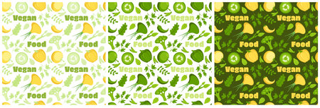 Set of Vegetarian, Fruit or Vegetables Seamless Pattern Design with Fresh, Organic and Natural Food in Hand Drawn Flat Cartoon Background Illustrationのイラスト素材