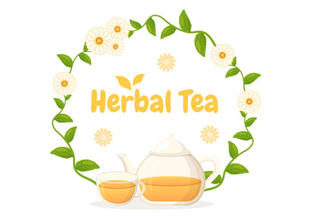 Herbal Tea with Chamomile Leaves of Health Drink Green to Increase Endurance in Template Hand Drawn Cartoon Flat Background Illustrationのイラスト素材