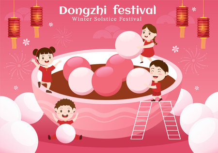 Dongzhi or Winter Solstice Festival Template Hand Drawn Cartoon Flat Illustration with Family Enjoying Chinese Food Tangyuan and Jiaozi Conceptのイラスト素材