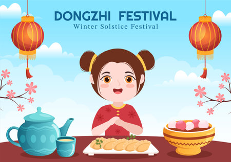 Dongzhi or Winter Solstice Festival Template Hand Drawn Cartoon Flat Illustration with Family Enjoying Chinese Food Tangyuan and Jiaozi Conceptのイラスト素材