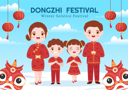 Dongzhi or Winter Solstice Festival Template Hand Drawn Cartoon Flat Illustration with Family Enjoying Chinese Food Tangyuan and Jiaozi Conceptのイラスト素材