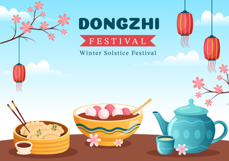 Dongzhi or Winter Solstice Festival Template Hand Drawn Cartoon Flat Illustration with Family Enjoying Chinese Food Tangyuan and Jiaozi Conceptのイラスト素材