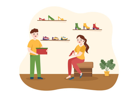 Shoe Store with New Collection Men or Women Various Models or Colors of Sneakers and High Heels in Flat Cartoon Hand Drawn Templates Illustrationのイラスト素材