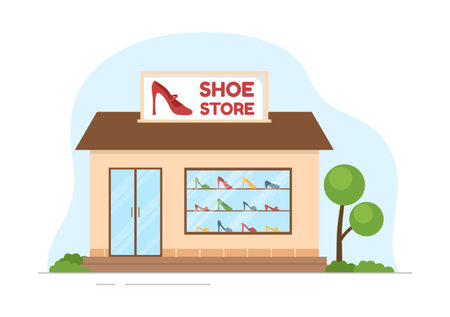 Shoe Store with New Collection Men or Women Various Models or Colors of Sneakers and High Heels in Flat Cartoon Hand Drawn Templates Illustrationのイラスト素材