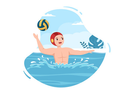 Water Polo Sport Player Playing to Throw the Ball on the Opponent's Goal in the Swimming Pool in Flat Cartoon Hand Drawn Templates Illustrationのイラスト素材