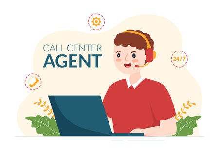 Call Center Agent of Customer Service or Hotline Operator with Headsets and Computers in Flat Cartoon Hand Drawn Templates Illustrationのイラスト素材