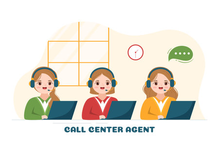 Call Center Agent of Customer Service or Hotline Operator with Headsets and Computers in Flat Cartoon Hand Drawn Templates Illustrationのイラスト素材